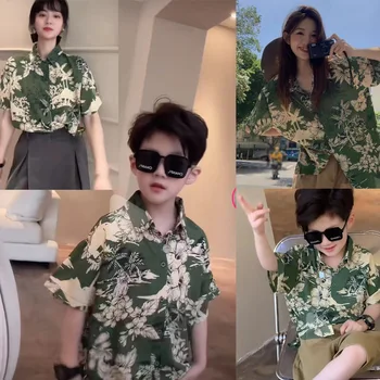 הורה-ילד התלבושת החדשה למשפחה שלושה הקיץ של הילדים החוף הגירסה הקוריאנית של הילדה קצר שרוול החולצה רטרו העליון